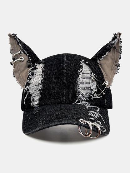 Gothic Western Distressed Denim Baseball Cap With Metal Rings