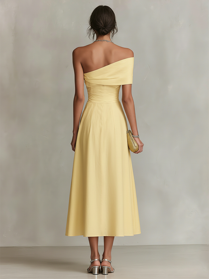 Linen One-Shoulder Fitted Waist Dress