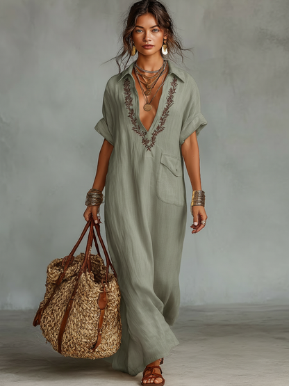 Linen Blend Embroidered Short Sleeve Maxi Shirt Dress