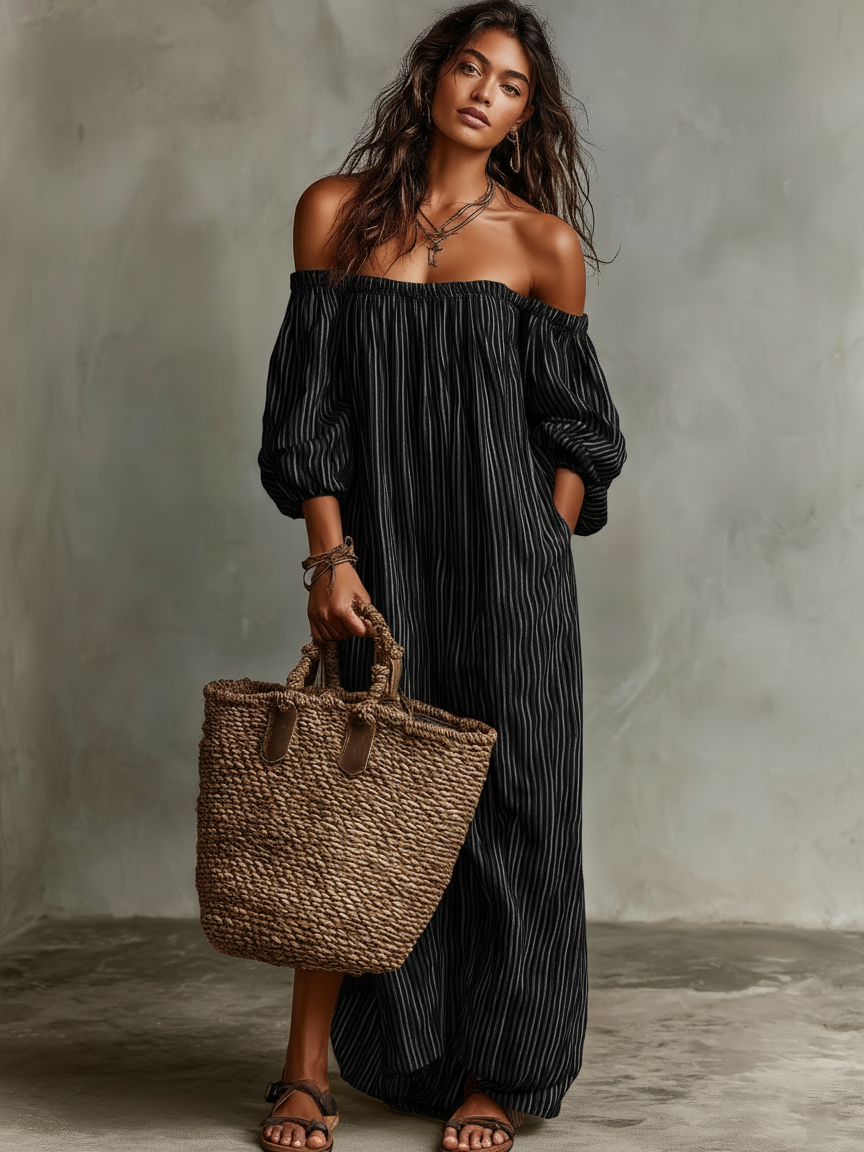 Cotton-Linen Off-Shoulder Long Sleeve Maxi Dress