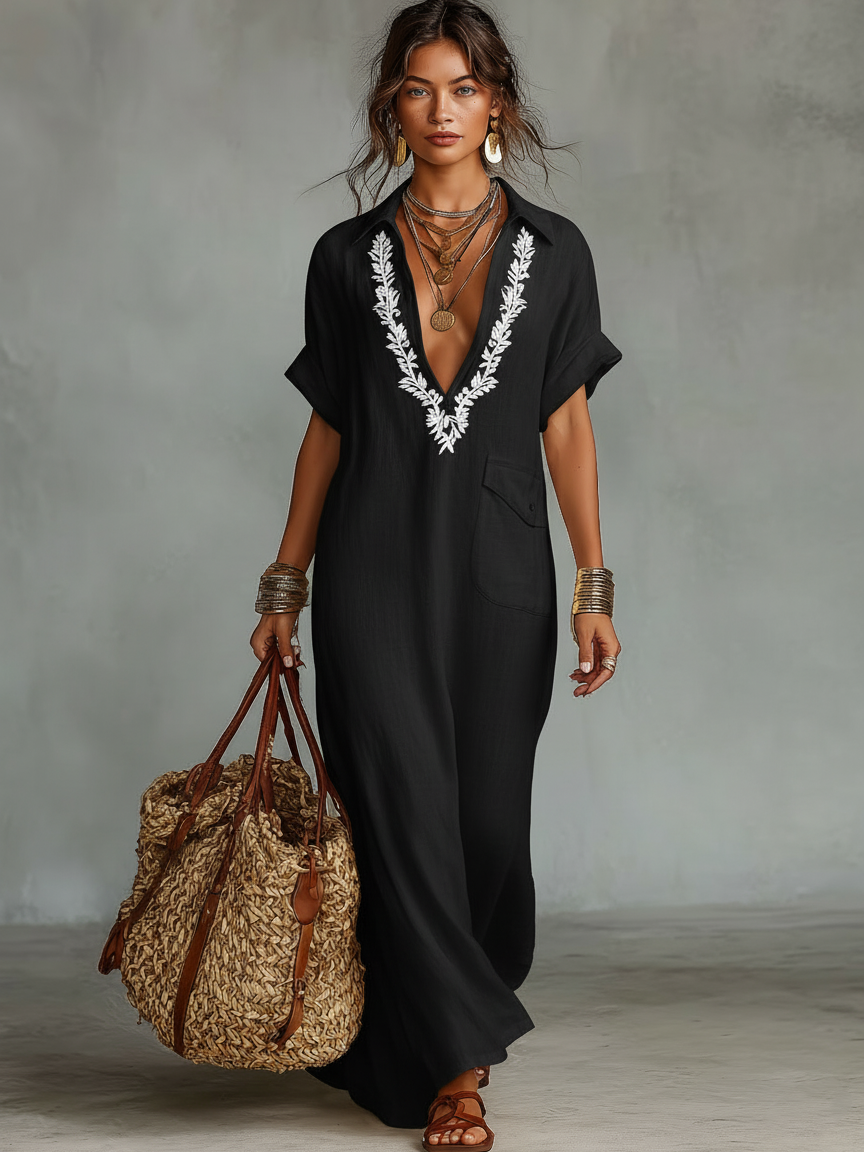 Linen Blend Embroidered Short Sleeve Maxi Shirt Dress