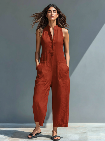 Linen Blend Stand Collar Sleeveless Jumpsuit