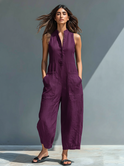 Linen Blend Stand Collar Sleeveless Jumpsuit