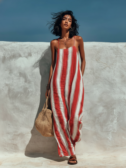 Striped Printed Suspender Jumpsuit