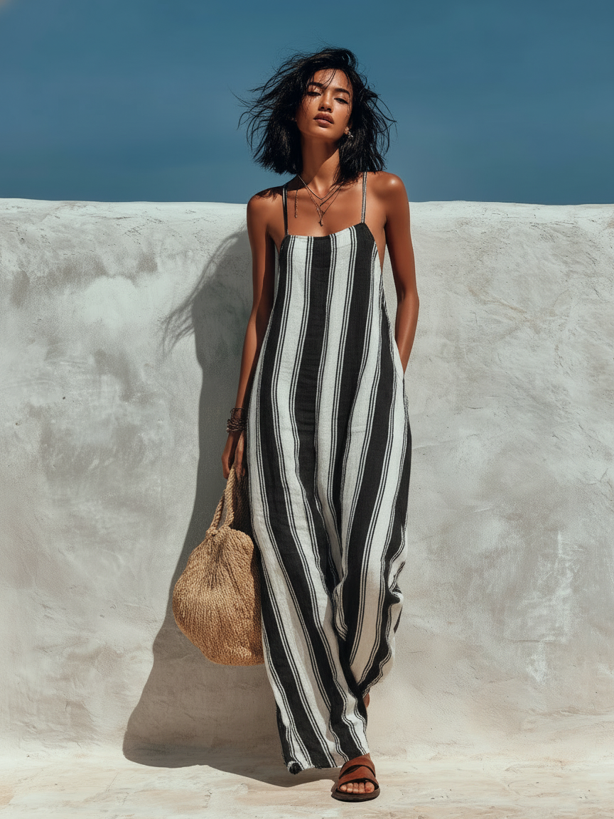 Striped Printed Suspender Jumpsuit