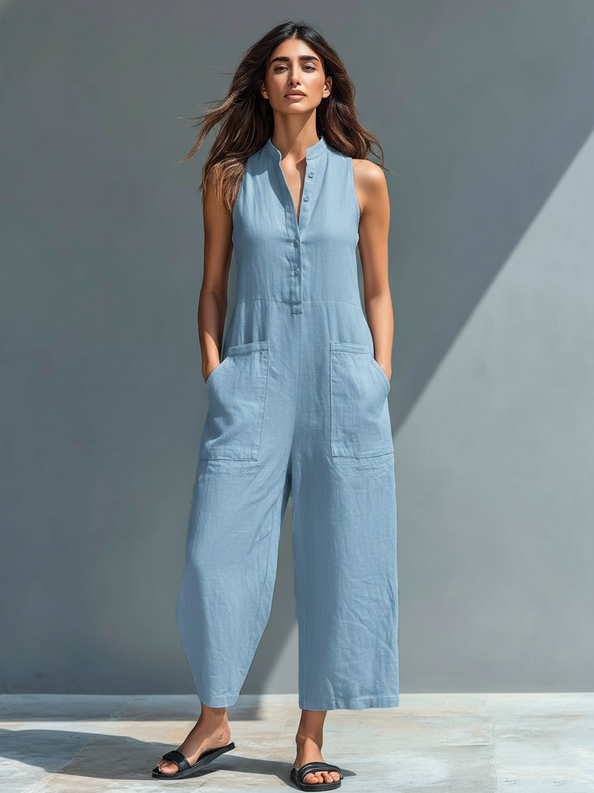 Linen Blend Stand Collar Sleeveless Jumpsuit