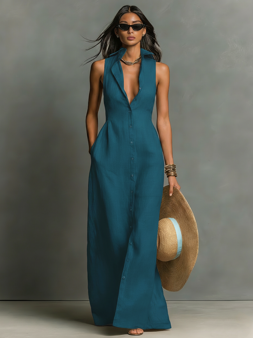 Linen Blend Collared Sleeveless Maxi Shirt Dress