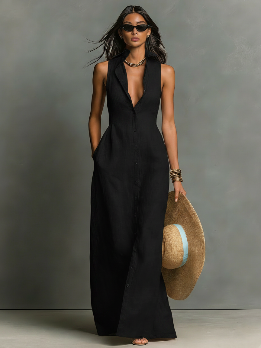 Linen Blend Collared Sleeveless Maxi Shirt Dress