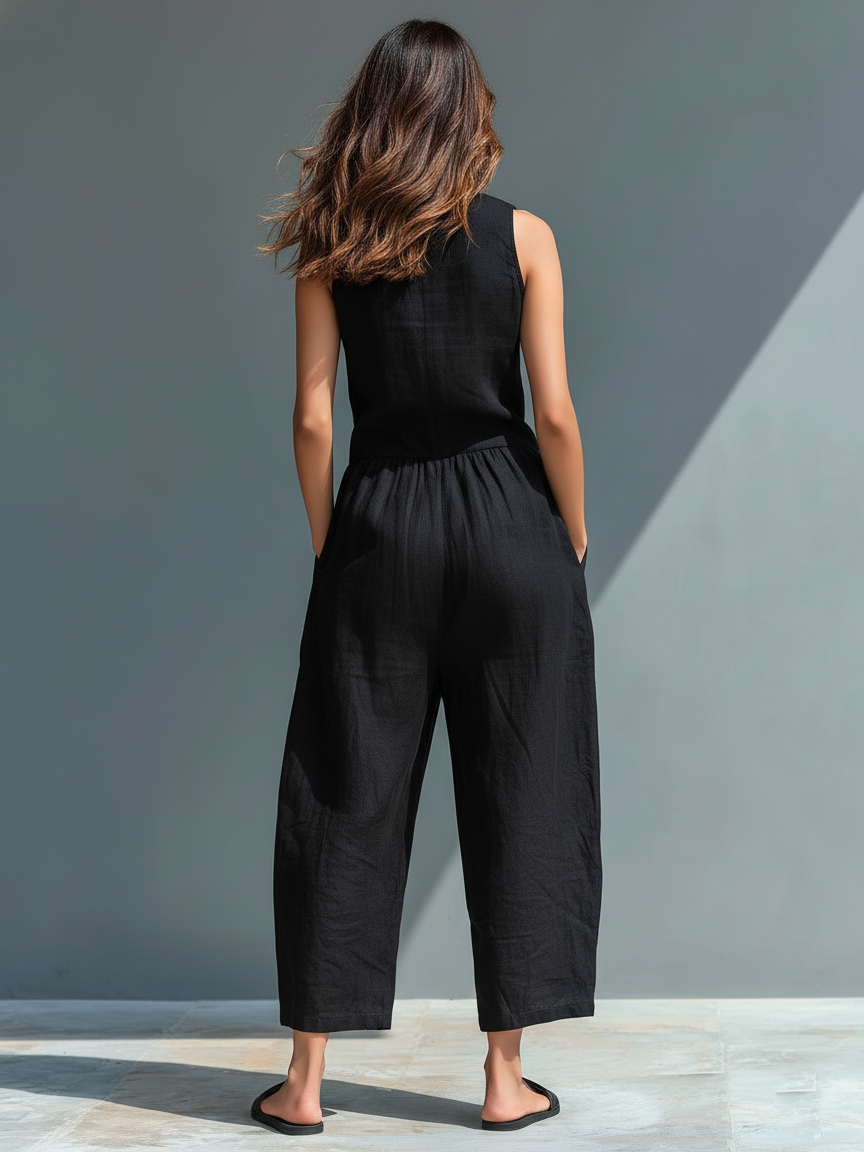 Linen Blend Stand Collar Sleeveless Jumpsuit
