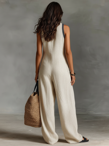 Linen Blend Embroidered Stand Collar Jumpsuit