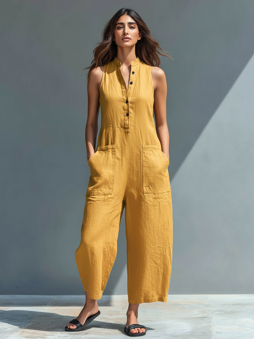 Linen Blend Stand Collar Sleeveless Jumpsuit