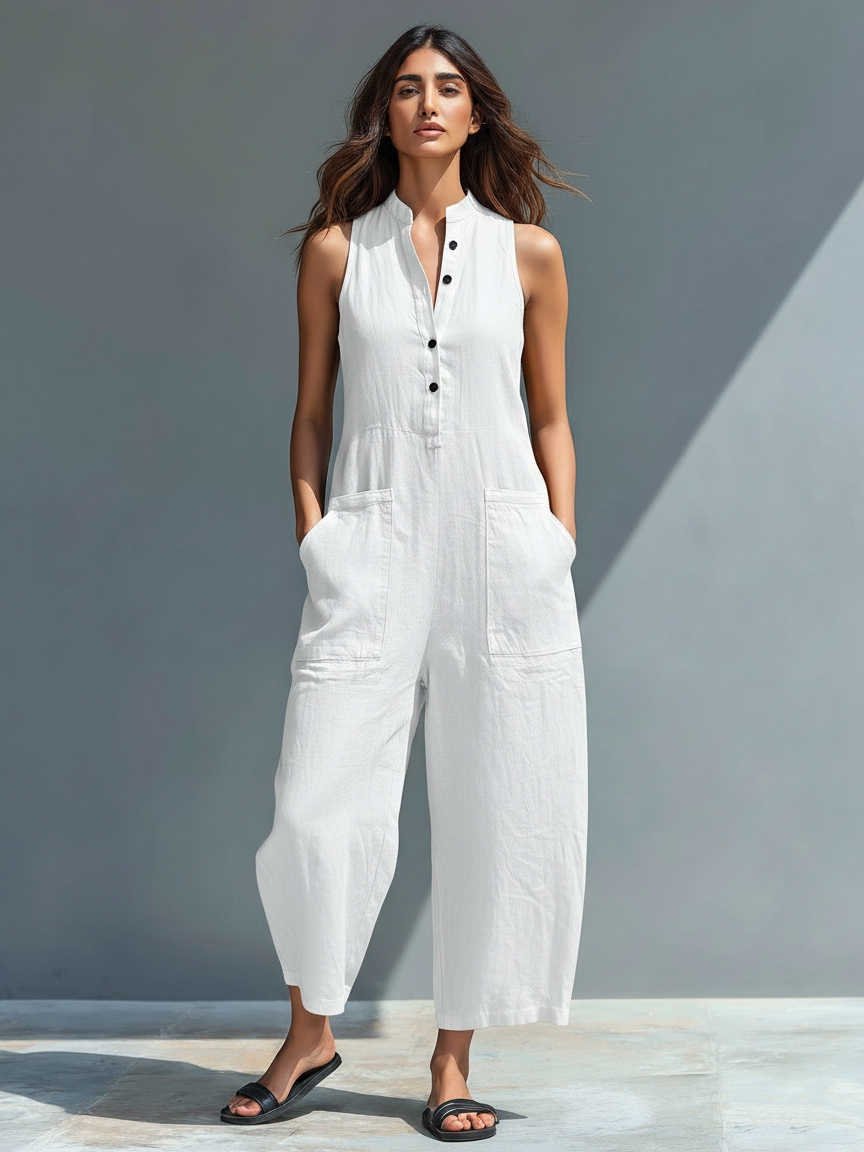 Linen Blend Stand Collar Sleeveless Jumpsuit