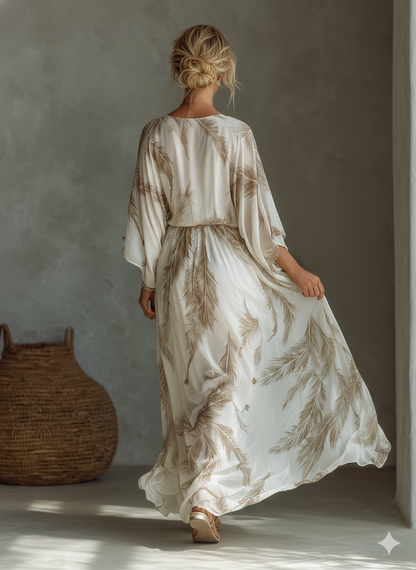 Ivory & Taupe Chiffon Palm Leaf Print Dolman Sleeve Maxi Dress
