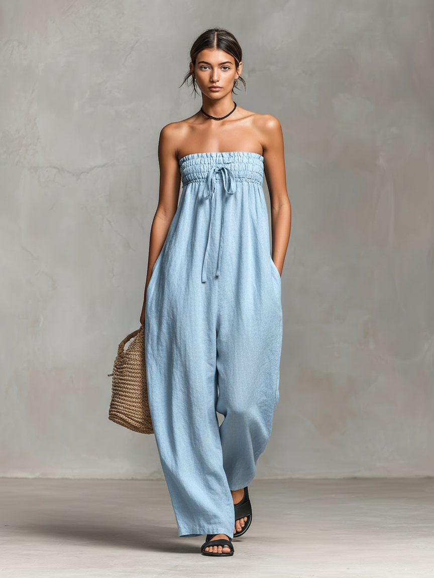 Edited product Linen Blend Strapless Tie Closure Jumpsuit
