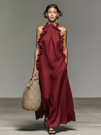 Linen Blend Sleeveless Ruffle Maxi Dress