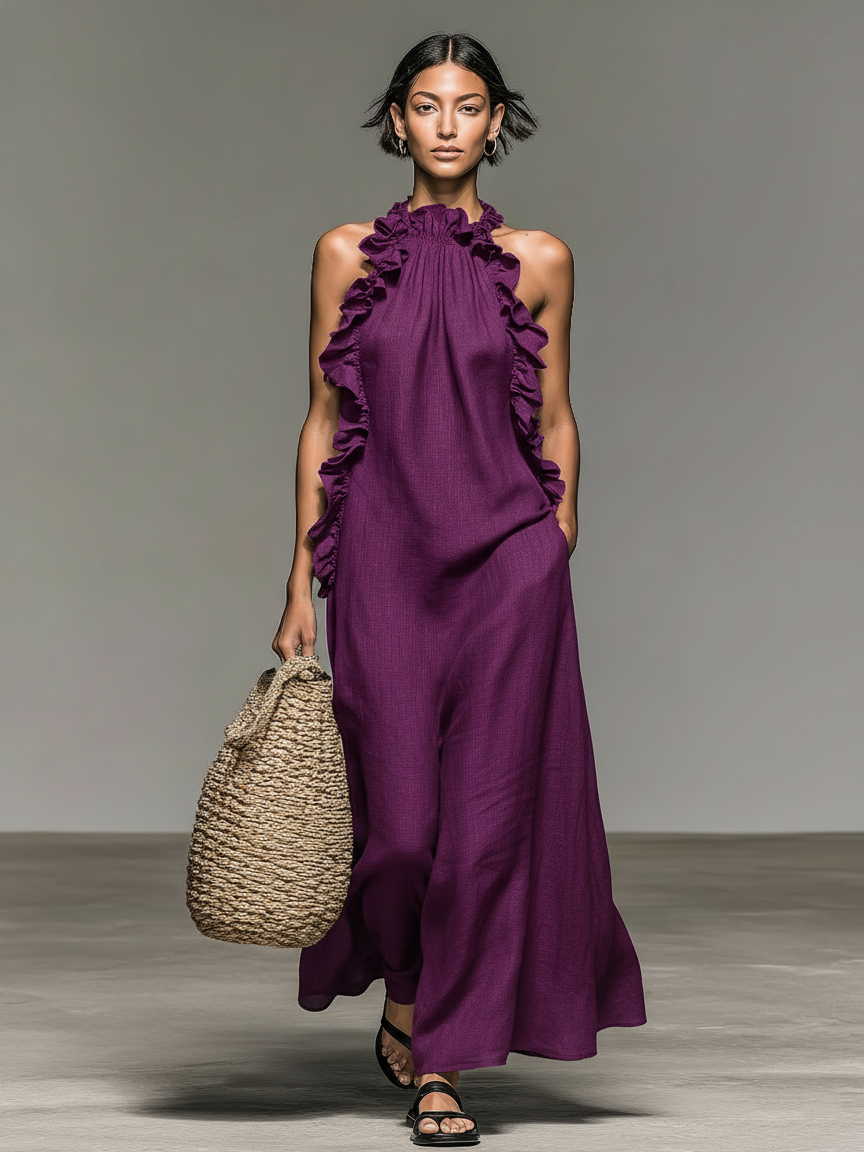 Linen Blend Sleeveless Ruffle Maxi Dress