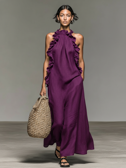 Linen Blend Sleeveless Ruffle Maxi Dress