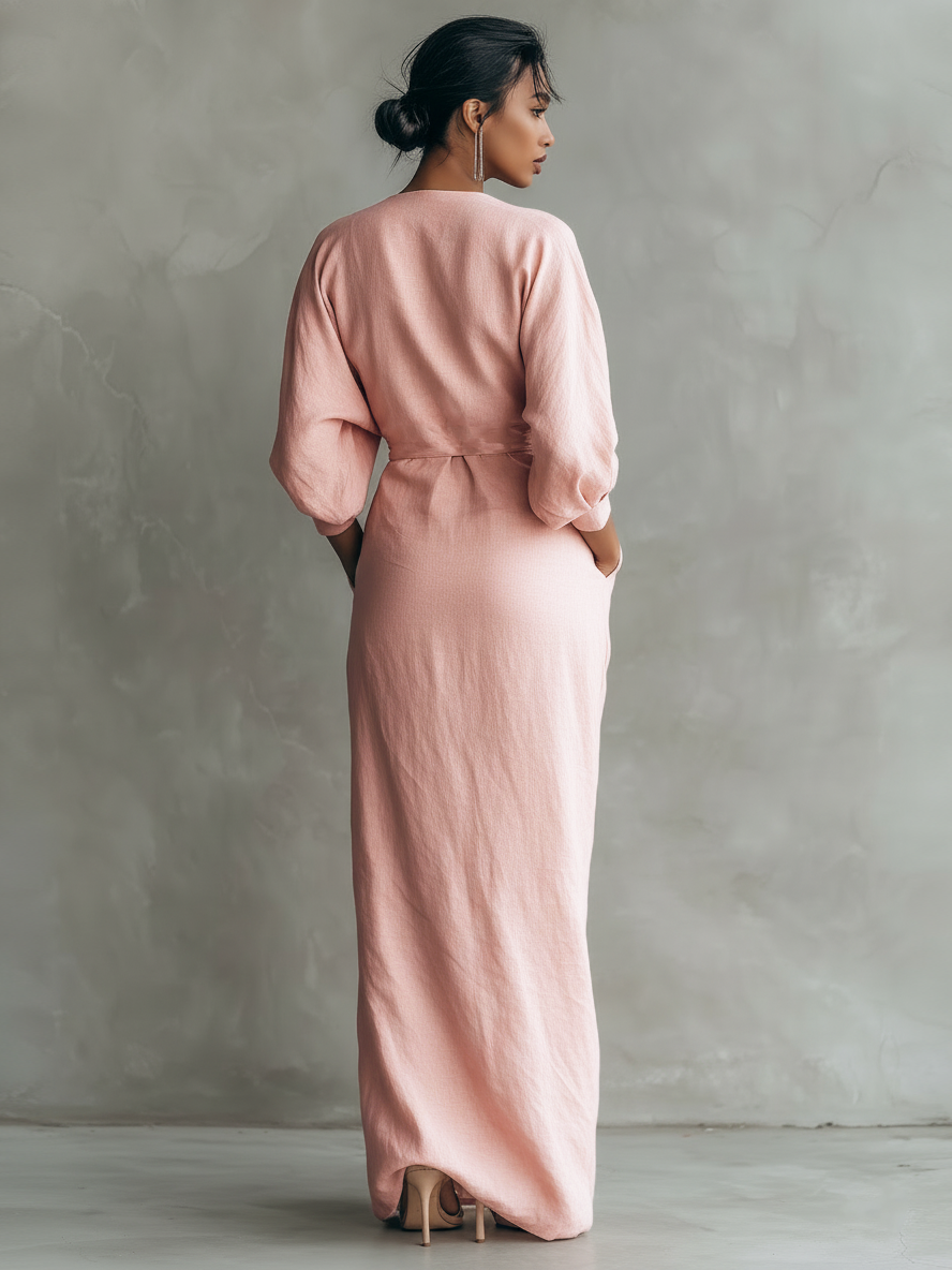 Pink V-Neck Linen Blend Maxi Dress