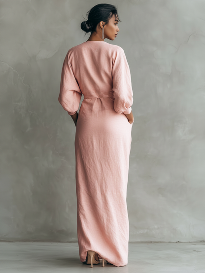 Minimalist Pink V-Neck Linen Blend Maxi Dress