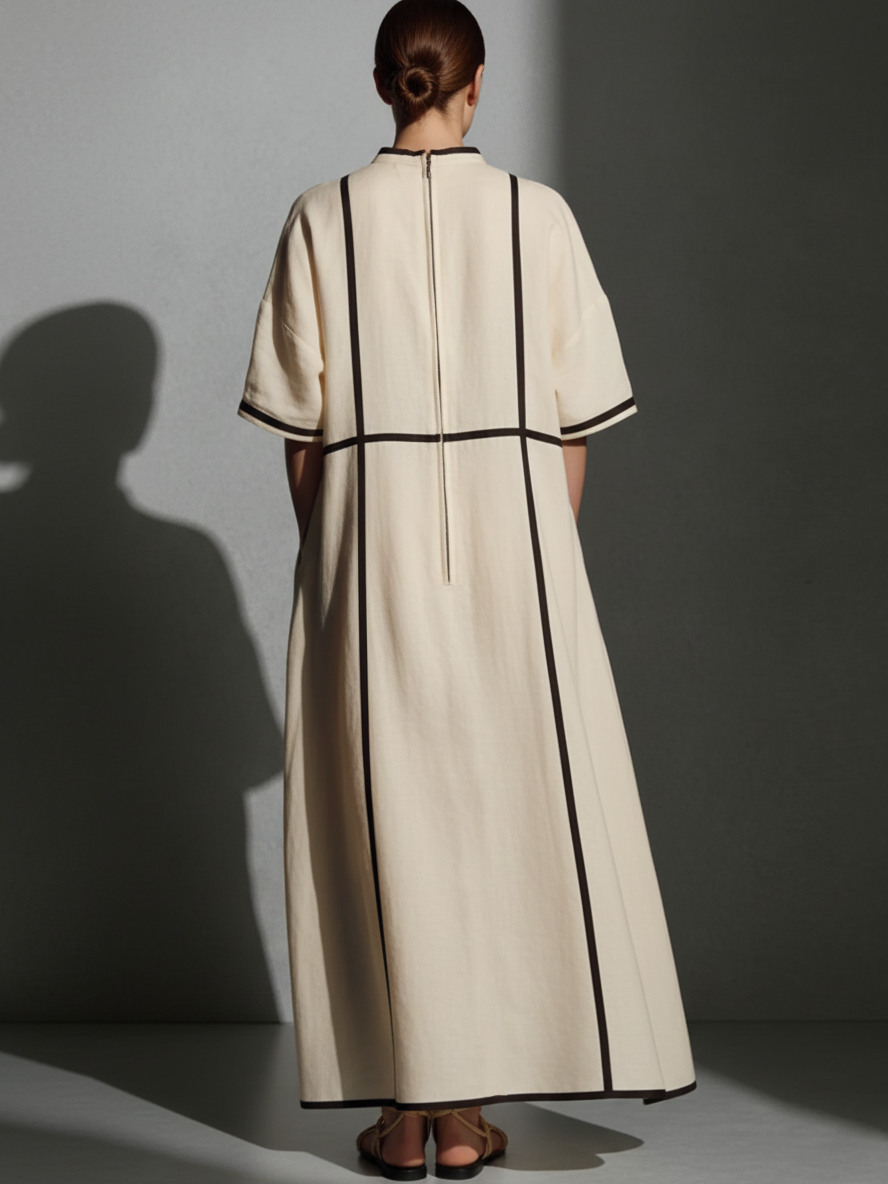 Beige Linen Blend Stand-Collar Contrast-Line Pocketed Maxi Dress