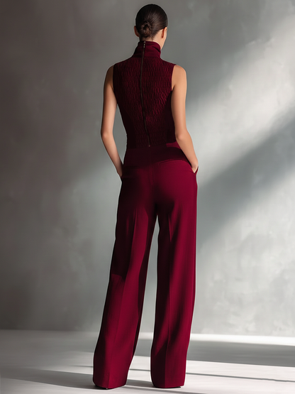 Burgundy Cotton-Linen Sleeveless Turtleneck Wide-Leg Jumpsuit