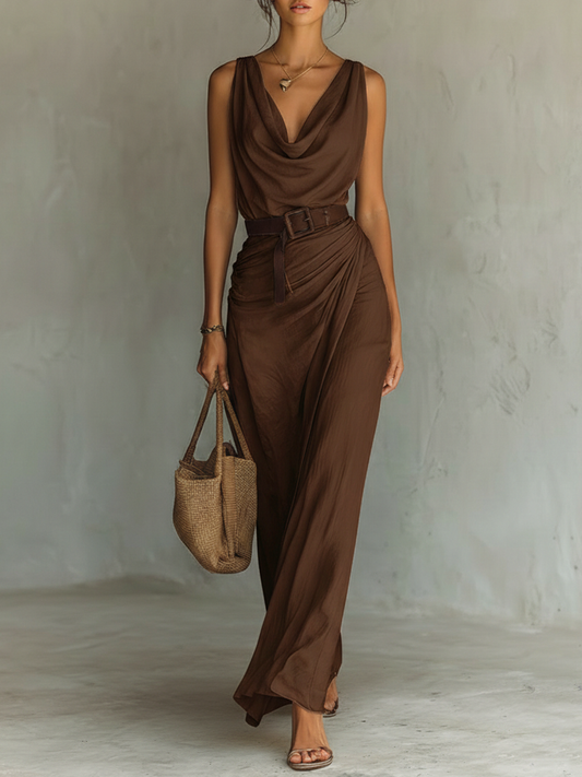 Cowl Neck Sleeveless Belted Maxi Dress