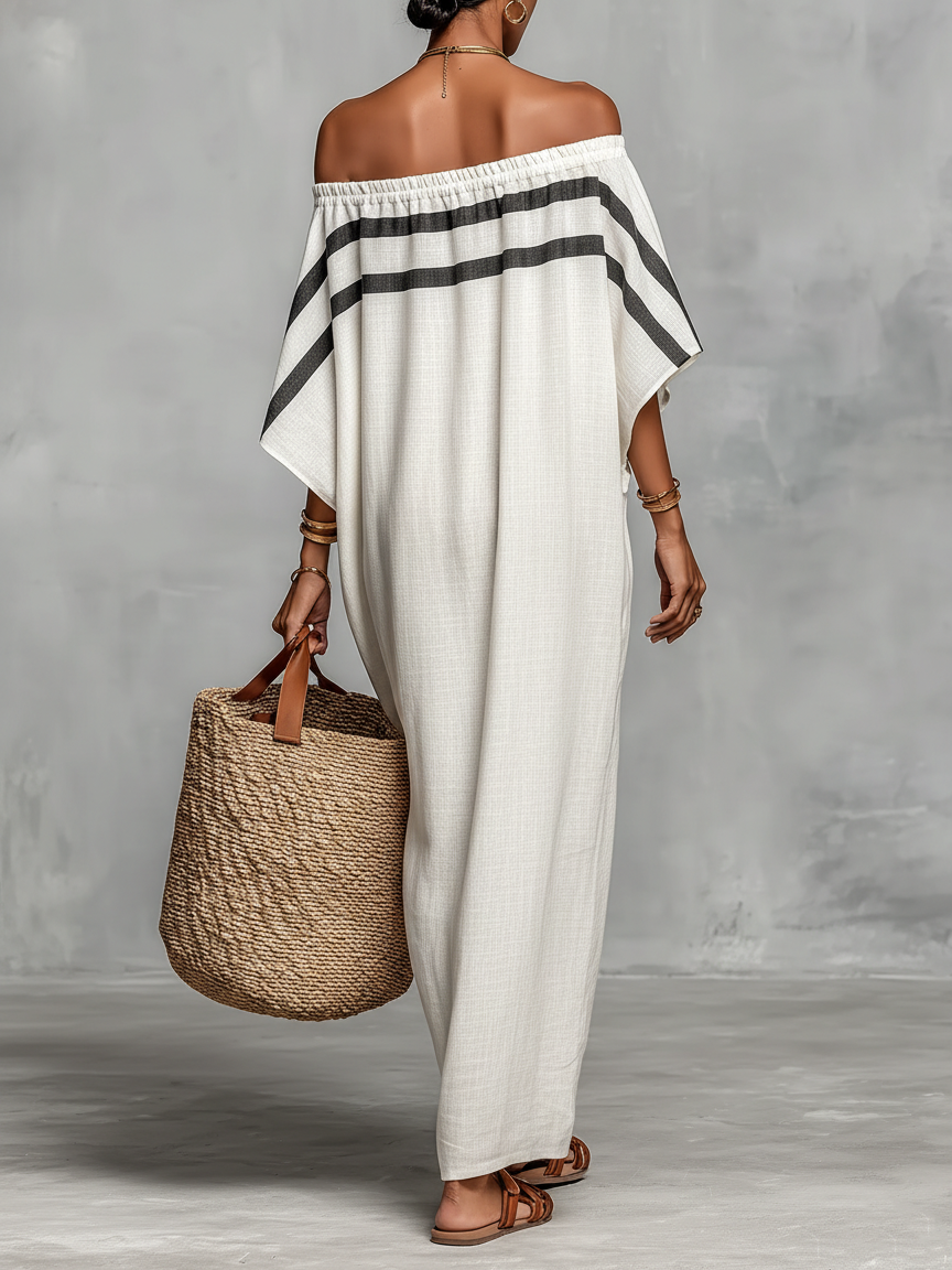Linen Blend Off-Shoulder Batwing Sleeve Maxi Dress