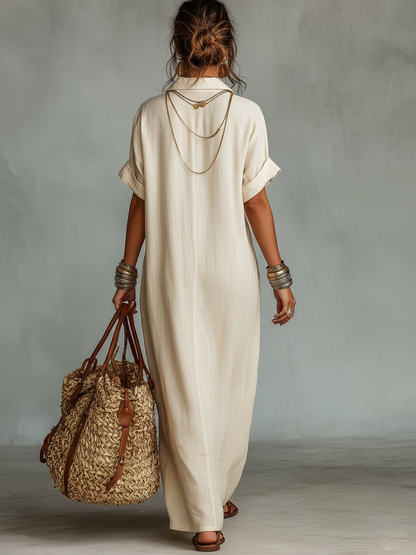 Linen Blend Embroidered Short Sleeve Maxi Shirt Dress