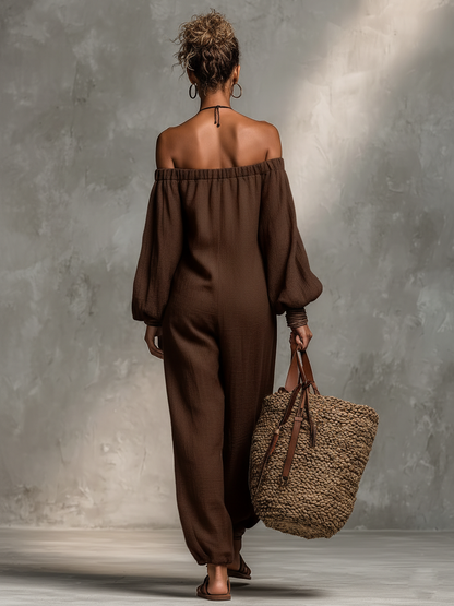 Linen Blend Strapless Long Sleeve Jumpsuit
