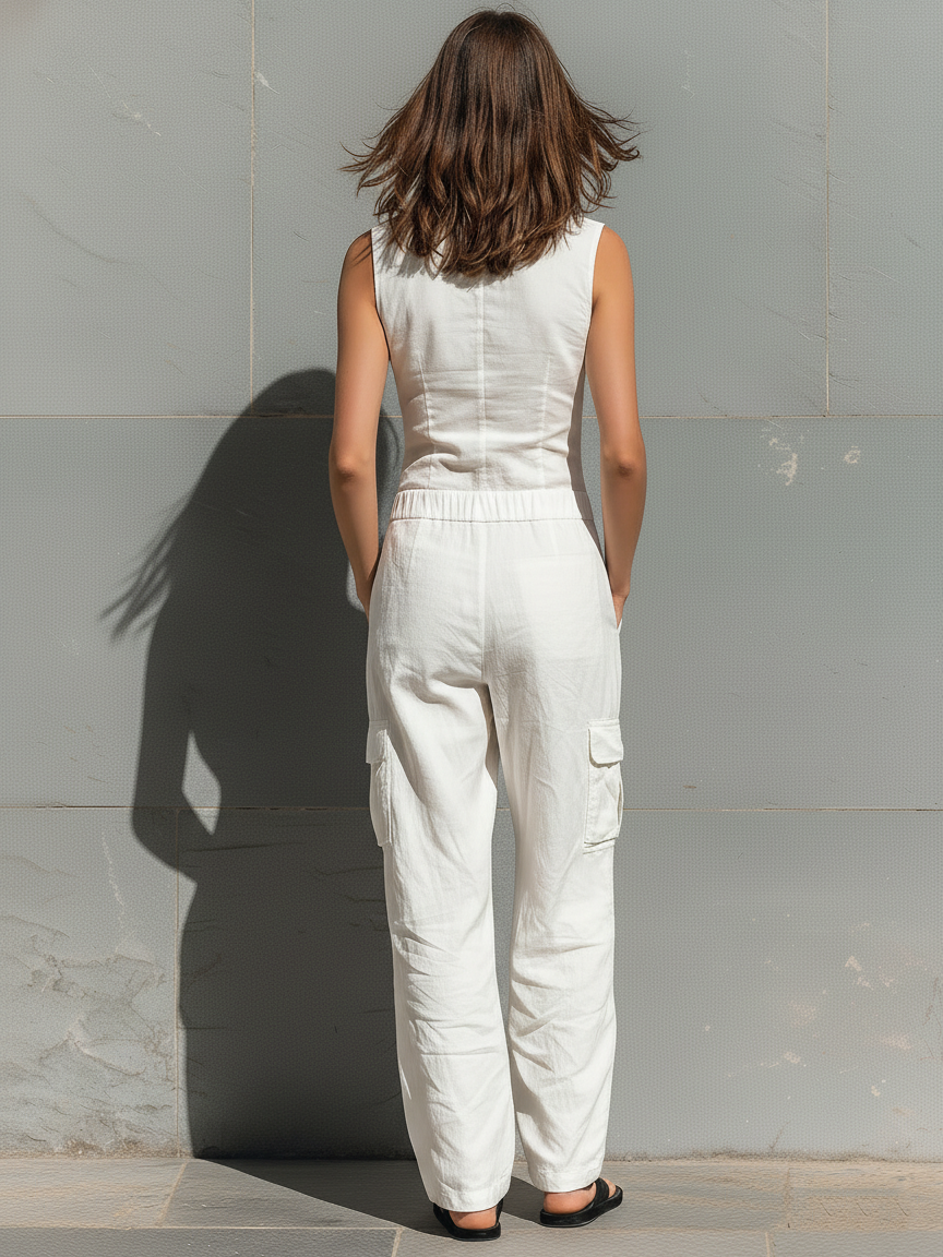 Cotton Blend Single-Breasted Sleeveless Jumpsuit