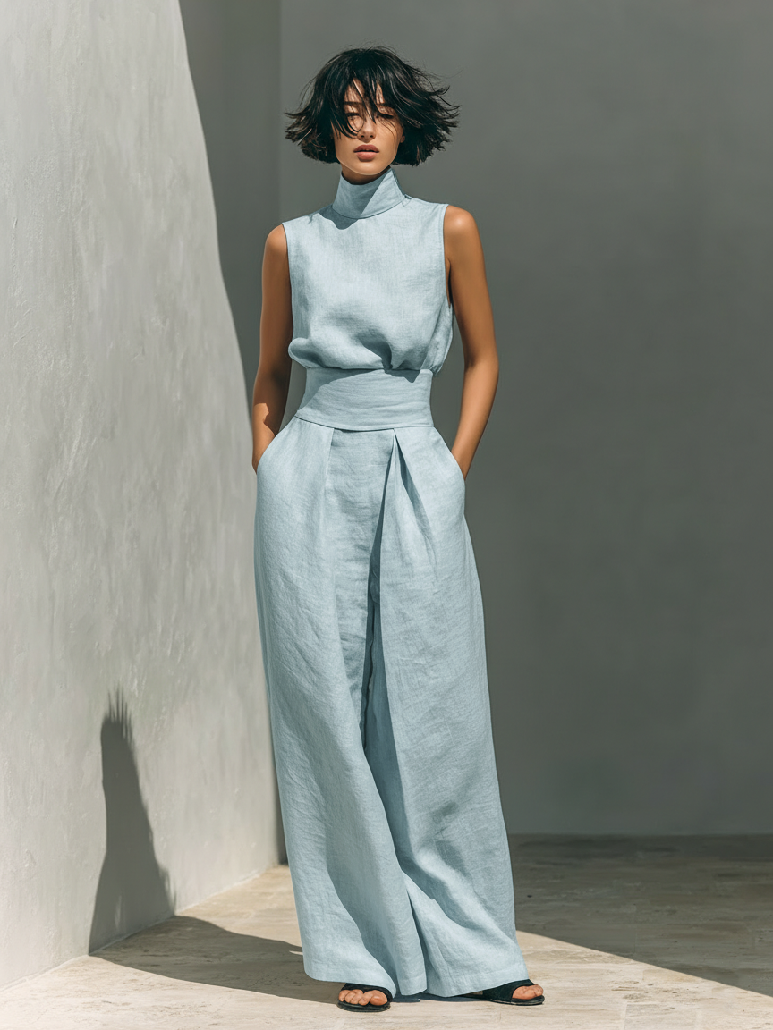 Cotton-Linen Sleeveless Blouse & Wide-Leg Pants Set