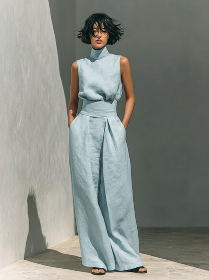Cotton-Linen Sleeveless Blouse & Wide-Leg Pants Set