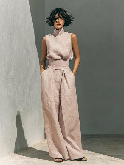 Cotton-Linen Sleeveless Blouse & Wide-Leg Pants Set