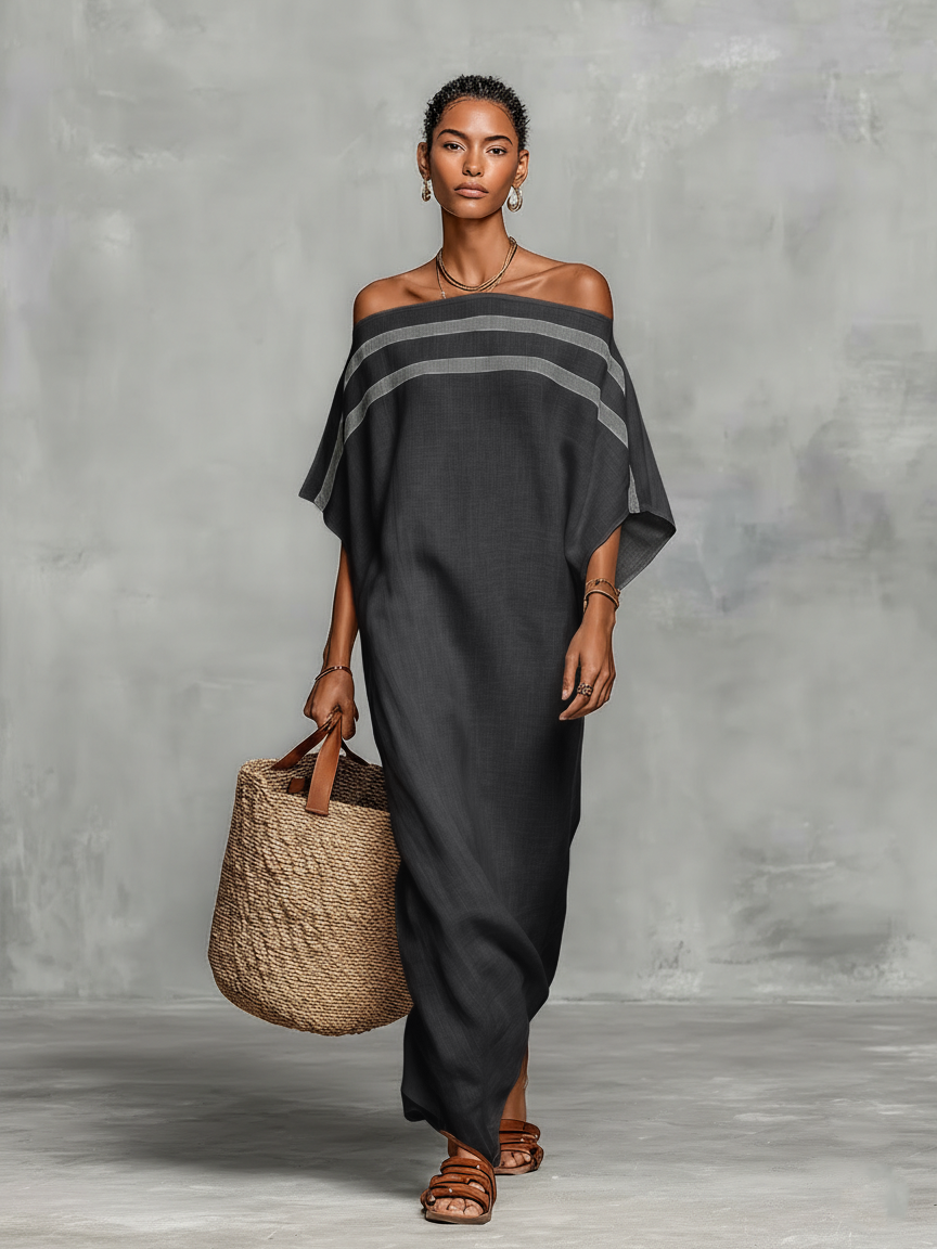 Linen Blend Off-Shoulder Batwing Sleeve Maxi Dress