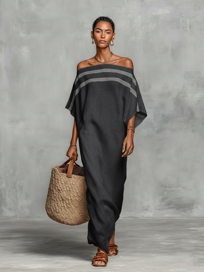 Linen Blend Off-Shoulder Batwing Sleeve Maxi Dress
