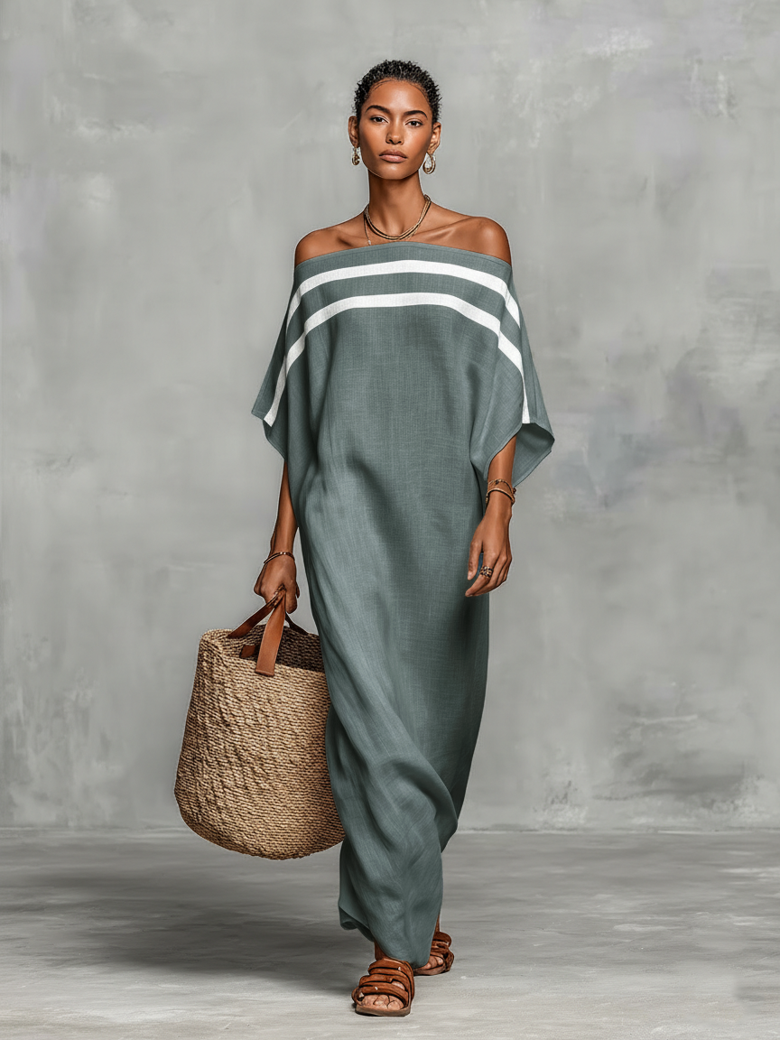 Linen Blend Off-Shoulder Batwing Sleeve Maxi Dress