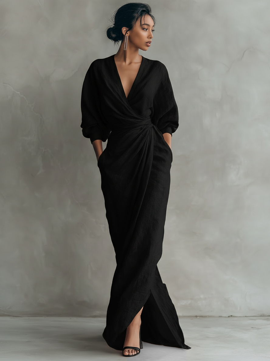 Minimalist Pink V-Neck Linen Blend Maxi Dress