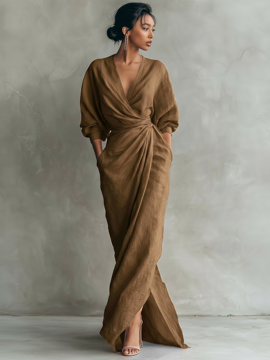 Pink V-Neck Linen Blend Maxi Dress