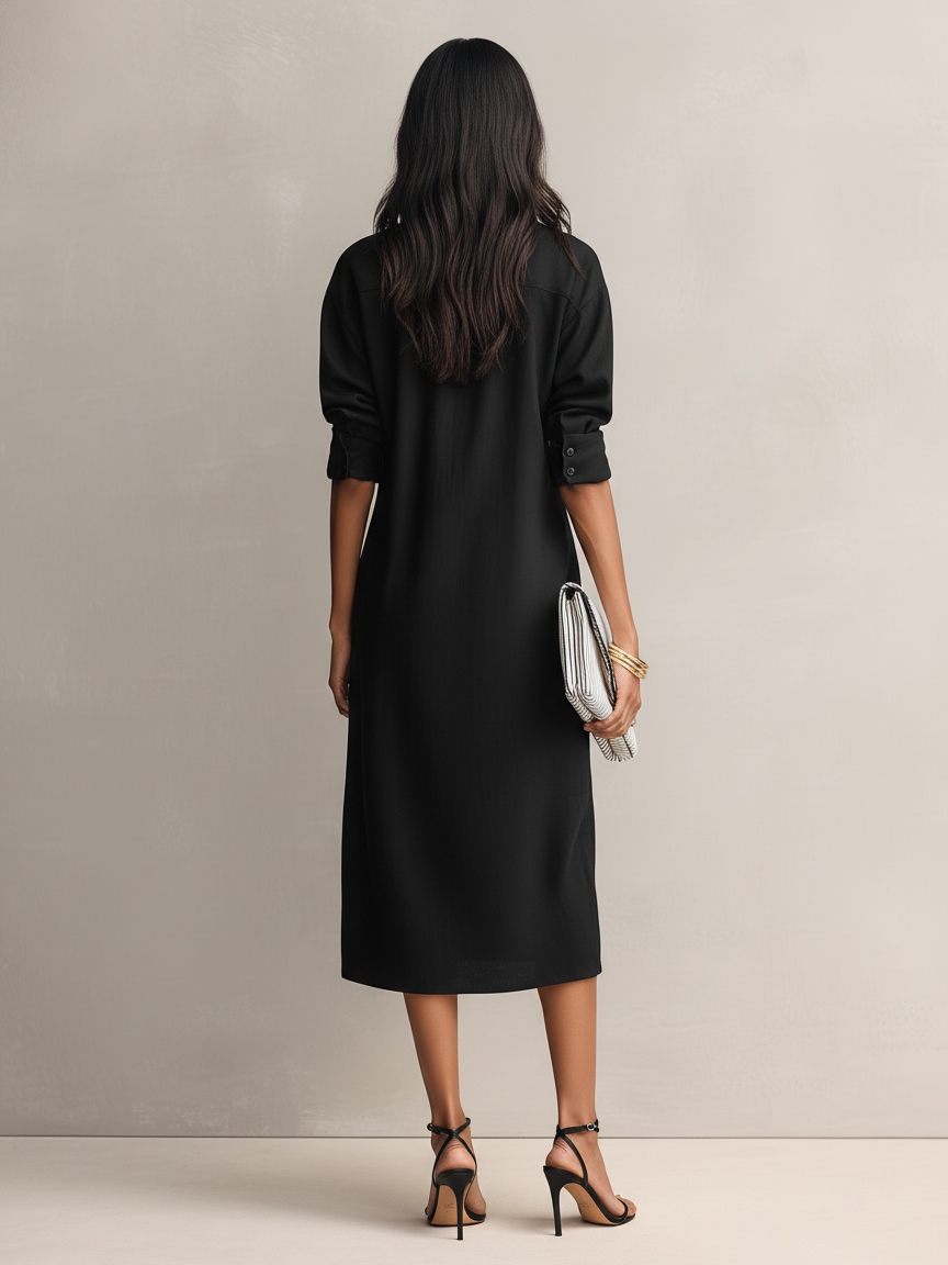 Black Cotton-Linen Shirt Collar Short Sleeve Midi Dress