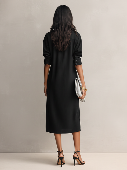 Black Cotton-Linen Shirt Collar Short Sleeve Midi Dress