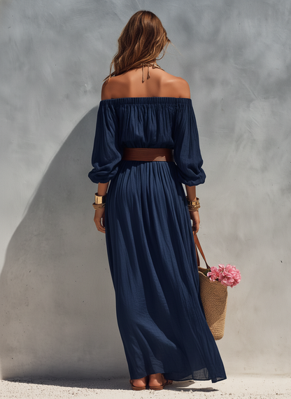 Dark Blue Cotton-Linen Strapless Long Sleeve Dress