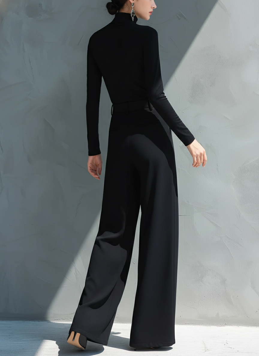 Black Classic Knit Turtleneck Wide-Leg Jumpsuit