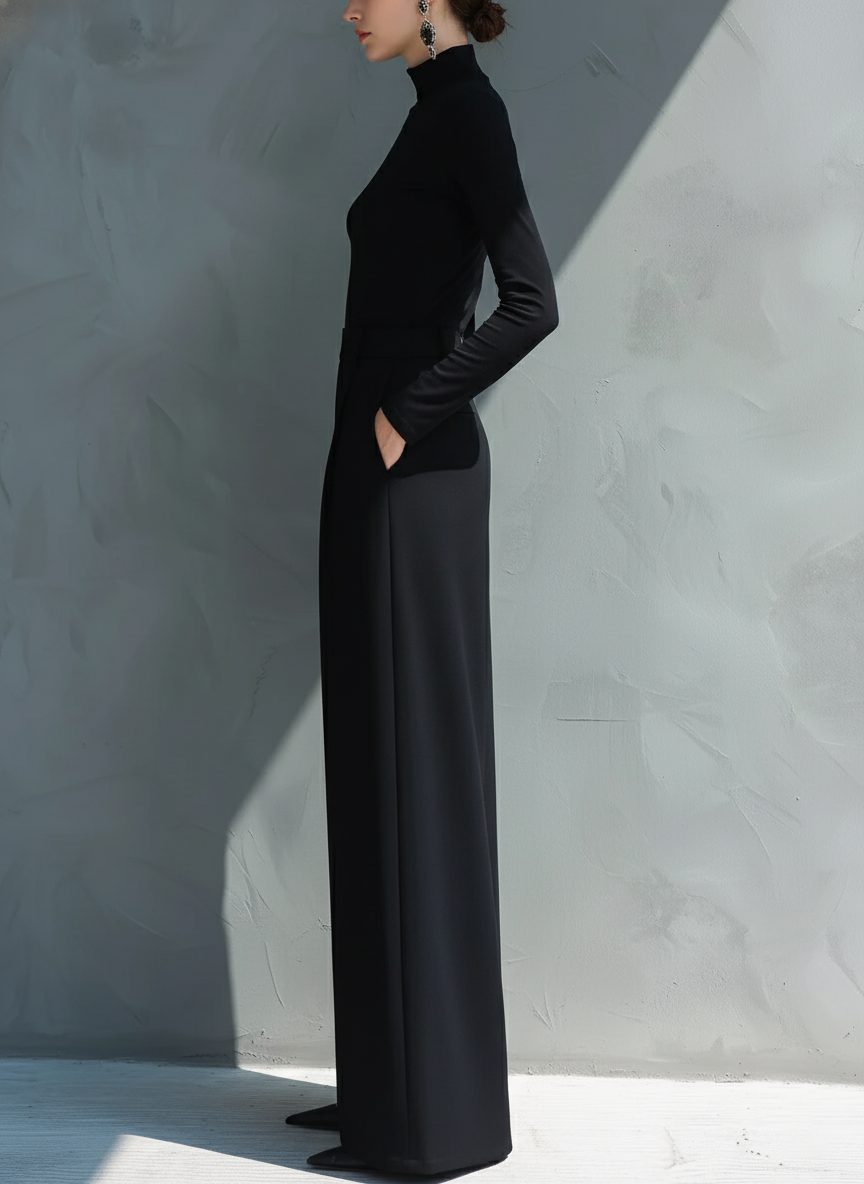 Black Classic Knit Turtleneck Wide-Leg Jumpsuit