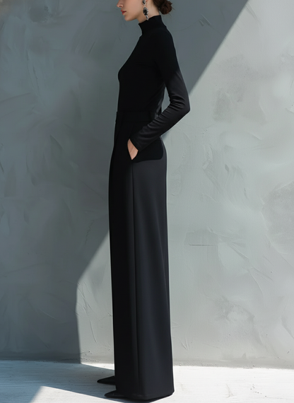 Black Classic Knit Turtleneck Wide-Leg Jumpsuit