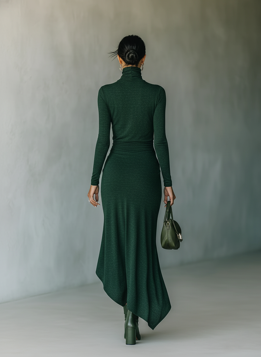 Dark Green High-Elastic Knit High-Neck Wrap Midi Dress