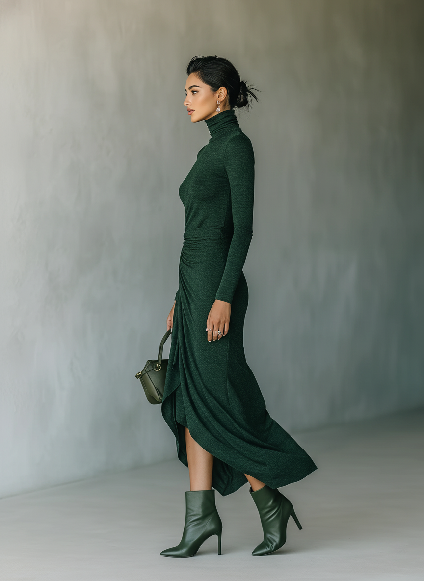 Dark Green High-Elastic Knit High-Neck Wrap Midi Dress