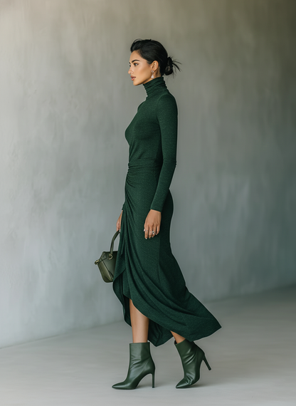 Dark Green High-Elastic Knit High-Neck Wrap Midi Dress