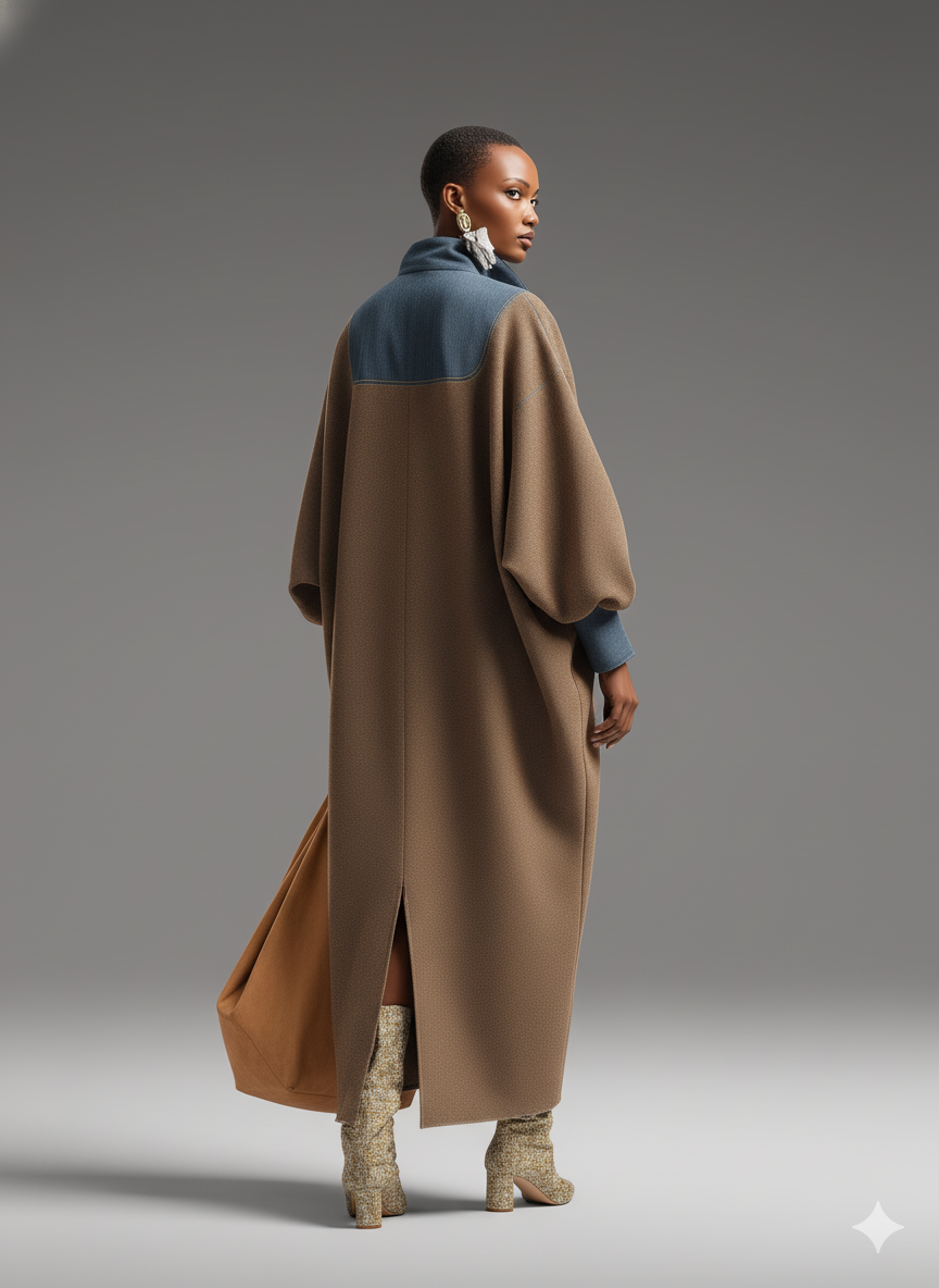 Double-Sided Denim Stand Collar Maxi Dress