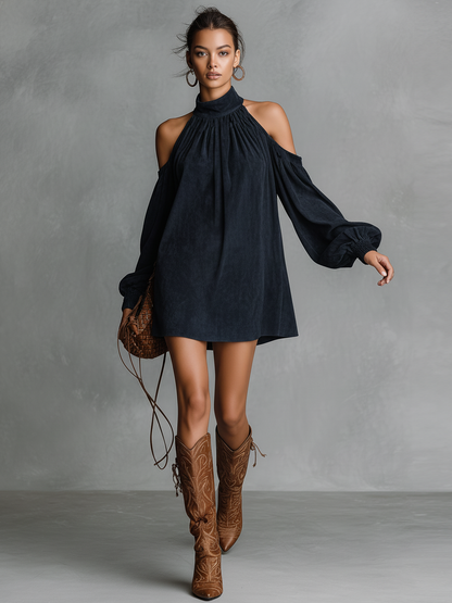 Faux Suede Halter Neck Lantern Sleeve Mini Dress