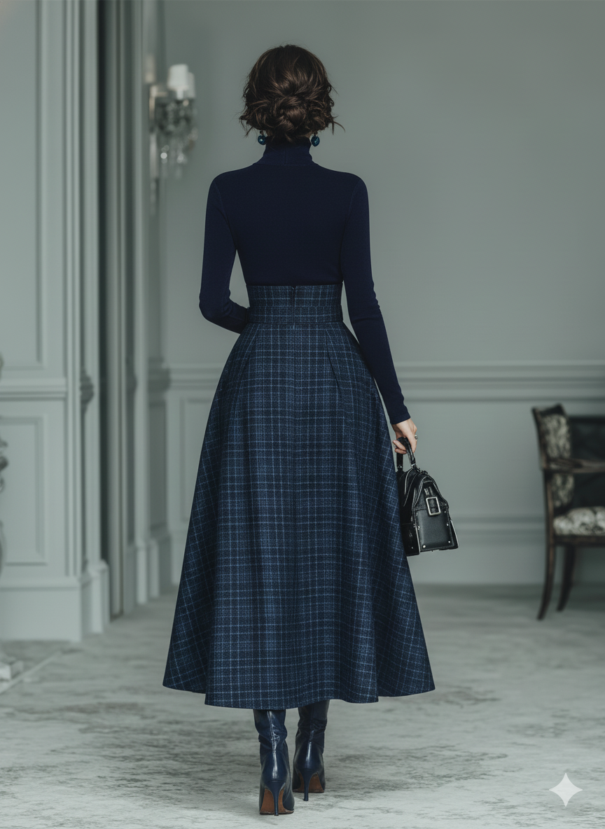 Dark Blue High Elastic Knit & Plaid Wool Skirt Set